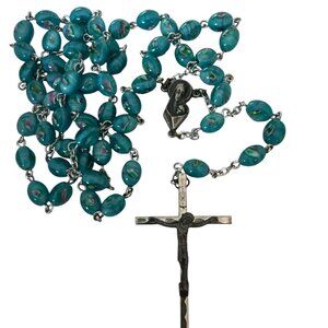 Vintage Catholic Blue Czech Peacock Glass Rosary Rare Silver Tone Crucifix Italy